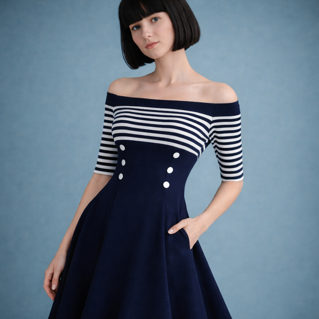 Anabel - Vestido retro sin hombros a rayas